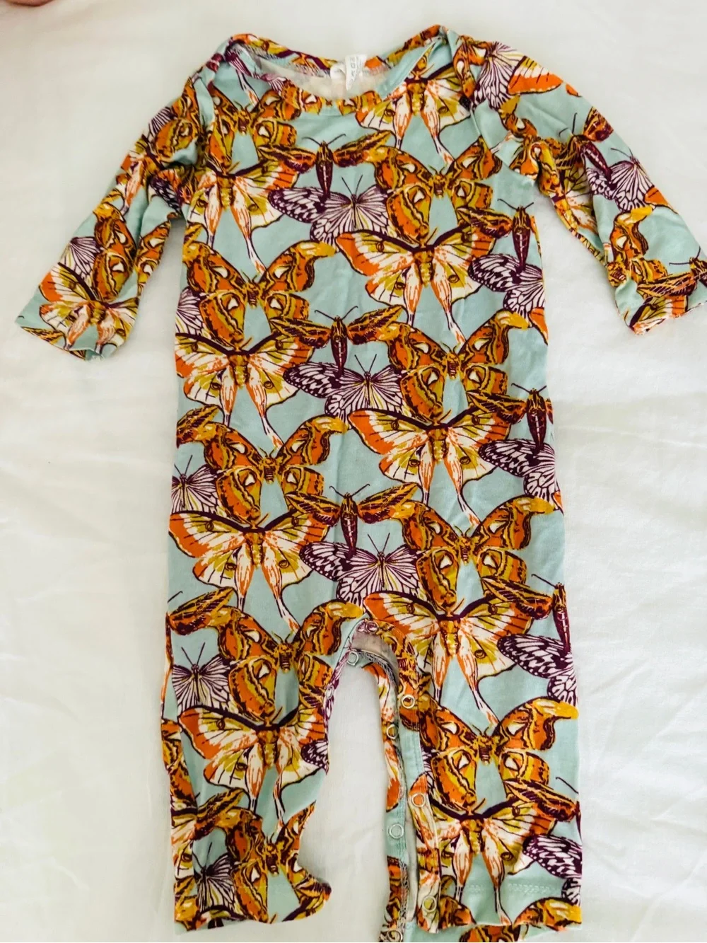 Kate Quinn Bamboo Butterfly Print baby  One-Piece Romper - Mint & Orange 3-6m
